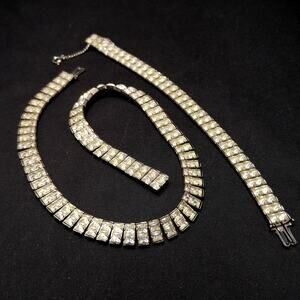 Art Deco Clear Rhinestone Choker Necklace Bracelet Set, Wedding Bridal, Vintage